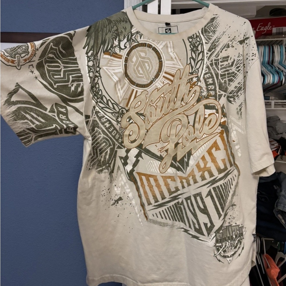 Southpole Men Shirt 4XB Beige Y2K Grunge Logo Short Sleeve Crew Neck